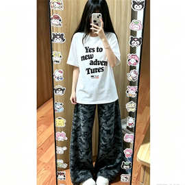设计感迷彩牛仔裤百搭通勤休闲工装阔腿牛仔裤女垂感时尚长裤