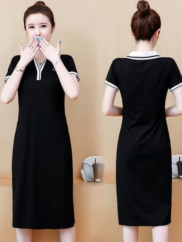 Korean Style Casual Long-Sleeve Blouse Dress with Collar, Knee-Length, Slimming, Sporty Women's Dress
