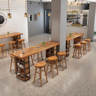 Scandinavian Simple Solid Wood Bar Table, Home Long Wall Dining Table, Cafe Milk Tea Shop High Leisure Table and Chairs