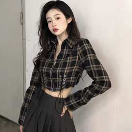 2024春秋季法式复古格子长袖衬衫设计感小众绑带修身高腰短款上衣