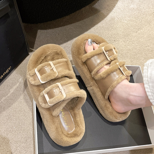 Thick-soled white plush slippers for women, outdoor wear, padded cake shoes for girls, new trendy items, Chanel-style, lined with warm cotton slippers