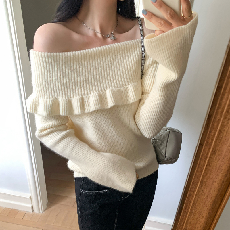 Ruffled One-Shoulder Orange Inner Sweater Long-Sleeved Knitted Bottoming Shirt for Women Autumn and Winter New Beautiful Off-Shoulder Top Ruffled One-Shoulder Orange Inner Sweater Long-Sleeved Knitted Bottoming Shirt for Women Autumn and Winter New Beautiful Off-Shoulder Top