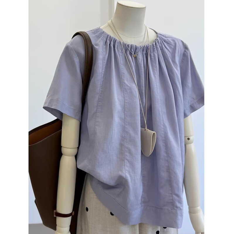Korean-Style Design Purple Short-Sleeve Shirt with Back Buttons for Women, Summer 2026 New Trendy Youthful Versatile Top Korean-Style Design Purple Short-Sleeve Shirt with Back Buttons for Women, Summer 2026 New Trendy Youthful Versatile Top