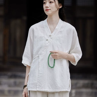 棉麻女装夏季新款V领偏襟短袖盘扣上衣女薄款系带改良汉服禅茶服
