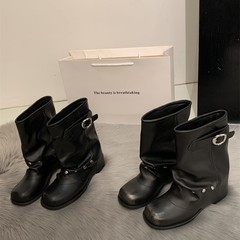 短靴子女新款厚底裤管靴西部骑士靴黑色圆头复古褶皱宽筒堆堆靴