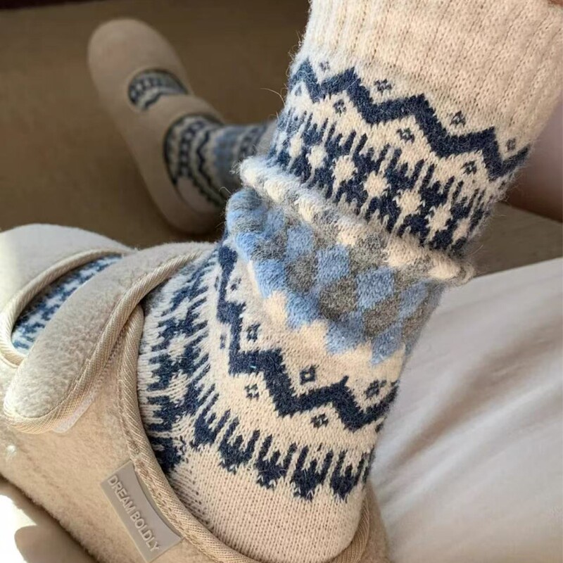 Nordic Fair Isle Diamond Pattern Autumn Winter Warm Japanese Retro Ethnic Style Wool Socks Thick Slouch Socks Maternity Socks