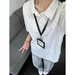 白灰色正肩短袖POLO衫男夏季潮牌痞帅重磅翻领五分袖拼接解构上衣