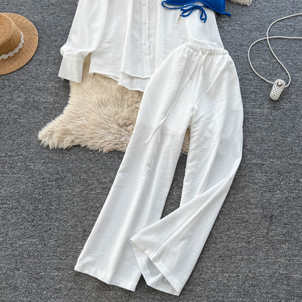 Women's White Shirt And High Waisted Wide Leg Pants Two Piece Set For Autumn Casual Sophisticated Wear_ecoleips.com