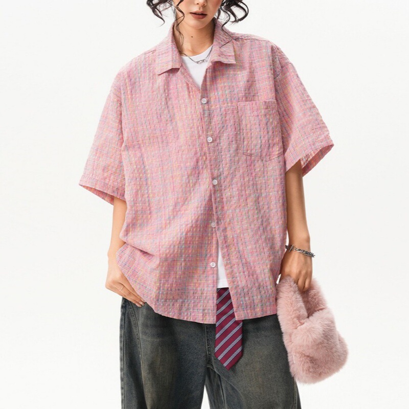 American Retro Street Loose Plaid Shirt for Men and Women Spring and Autumn oversize Casual Shirt Couple Short-sleeved Jacket