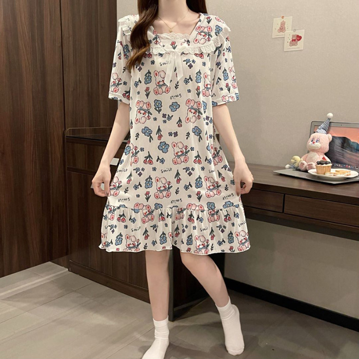 2024 pijama de mujer algodón de tela pijama de verano estudiantes frescos lindos mangas cortas ropa de cuello de muñeca media y larga