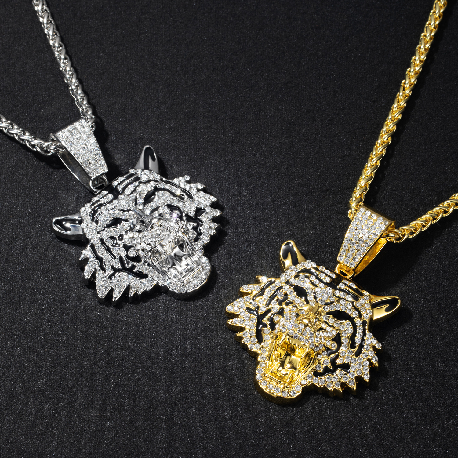 Tiger Head Pendant Necklace For Men Alloy Diamond Studded Jewelry_voghion.com