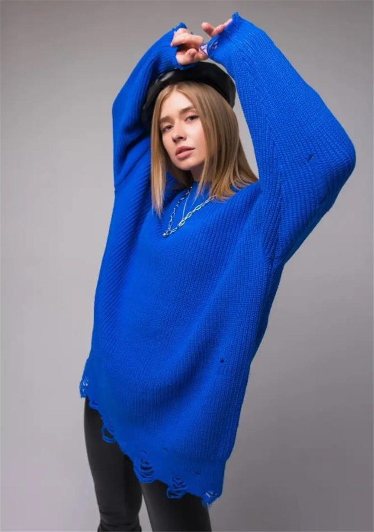 Maglione traforato ampio in tinta unita, lunghezza media, nuovo articolo autunno/inverno 2024, pullover girocollo, maniche lunghe_voghion.com