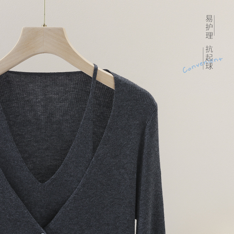 [Early Spring Show] Double-Strand 48-Count Wool Blended Yarn Fake Two-Piece V Neck Halterneck Long-Sleeved Knitted Top