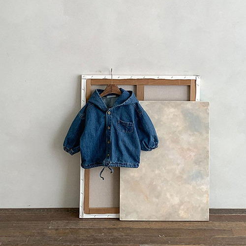 Korean style ins children's baby spring and autumn new cardigan fashionable hooded denim corduroy casual jacket