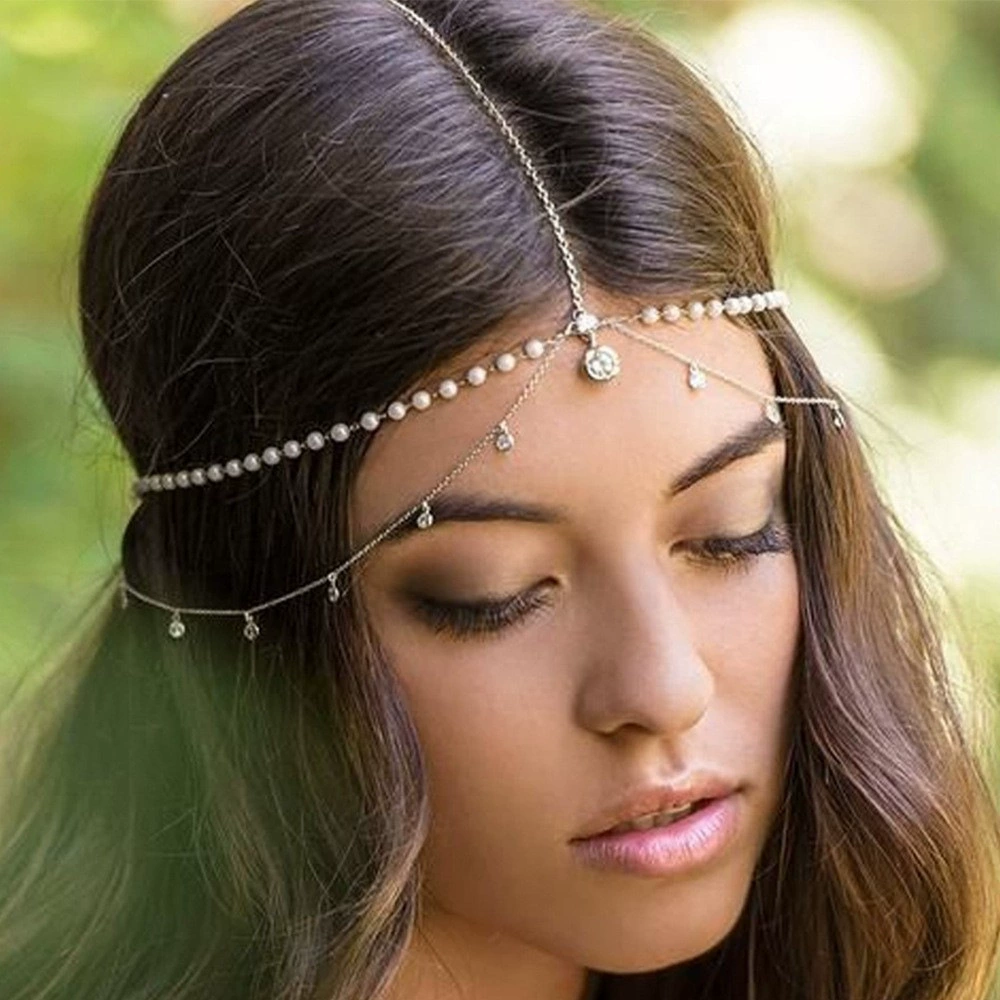 Европейский и американский экзотический ветер, стразы, жемчужные головные уборы, цепочки для волос, женский простой национальный стиль, капли воды, брови, темперамент, аксессуары для волос невесты