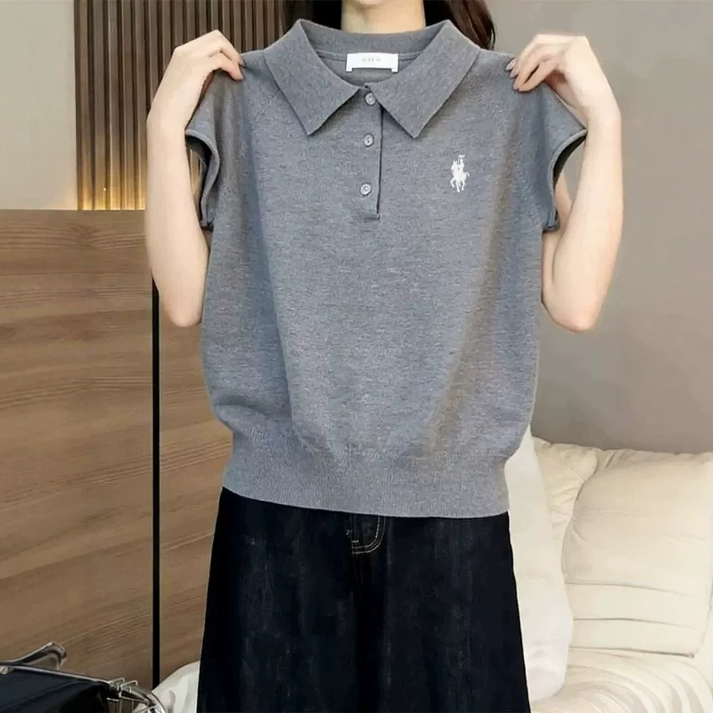 小马刺绣韩系灰色翻领针织短袖女夏独特休闲宽松小飞袖polo衫上衣