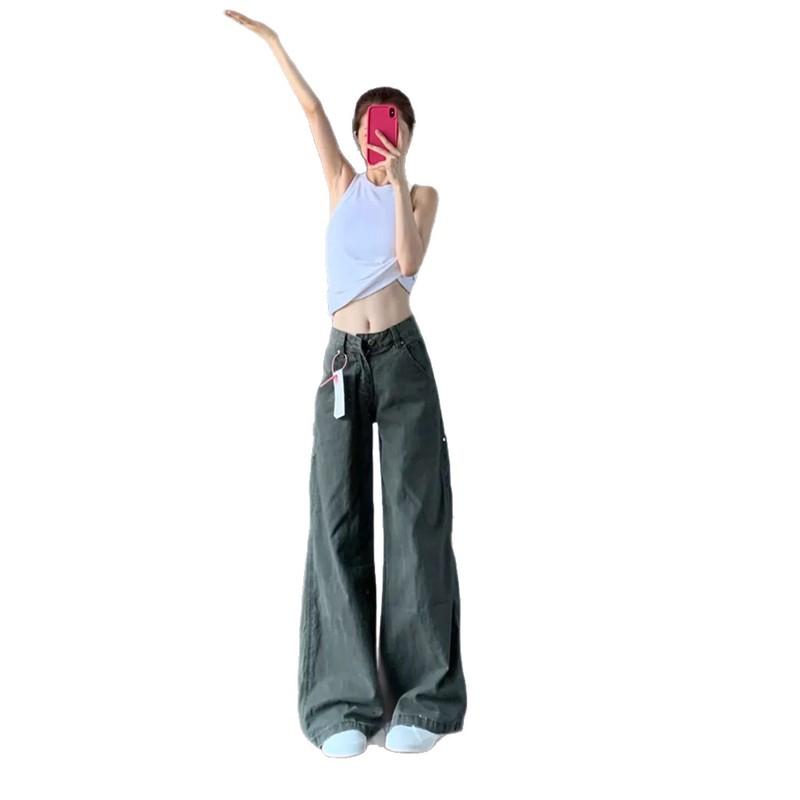 美式复古军绿色工装牛仔裤女秋季高腰显瘦设计感直筒阔腿拖地裤|undefined