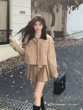 秋季新款撞色翻领长袖外套百褶短裙两件套女英伦风减龄复古套装