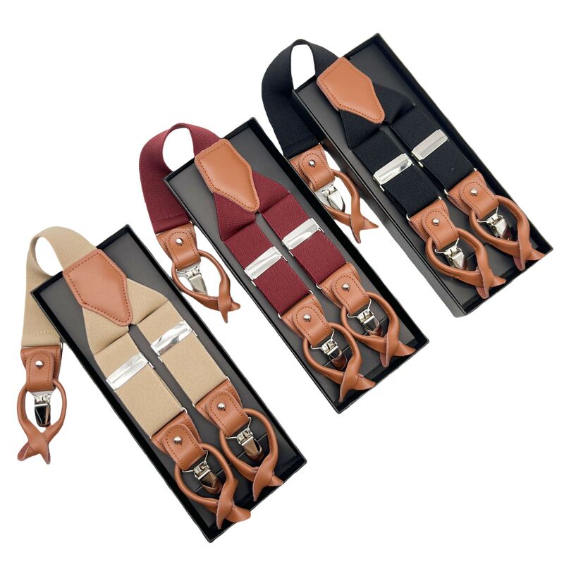 3.5cm Elastic Genuine Leather Men's Suspenders, Dual-Use Brown Leather Adjustable Suit Suspenders with Suspenders Clips, Elastic and Comfortable