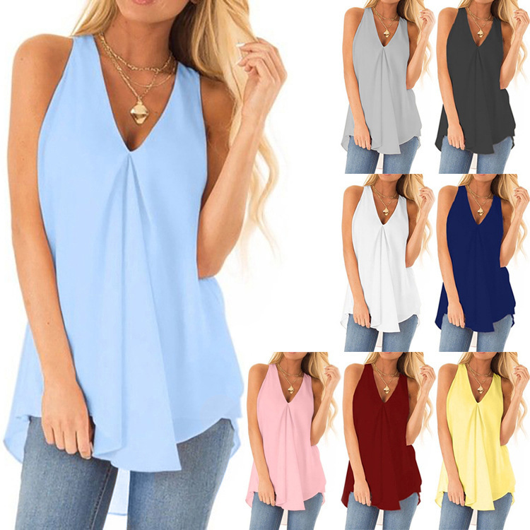 Amazon Wish2020 New Summer Style Loose Hem Sleeveless Solid Color Top Chiffon Shirt European and American Style Amazon Wish2020 New Summer Style Loose Hem Sleeveless Solid Color Top Chiffon Shirt European and American Style