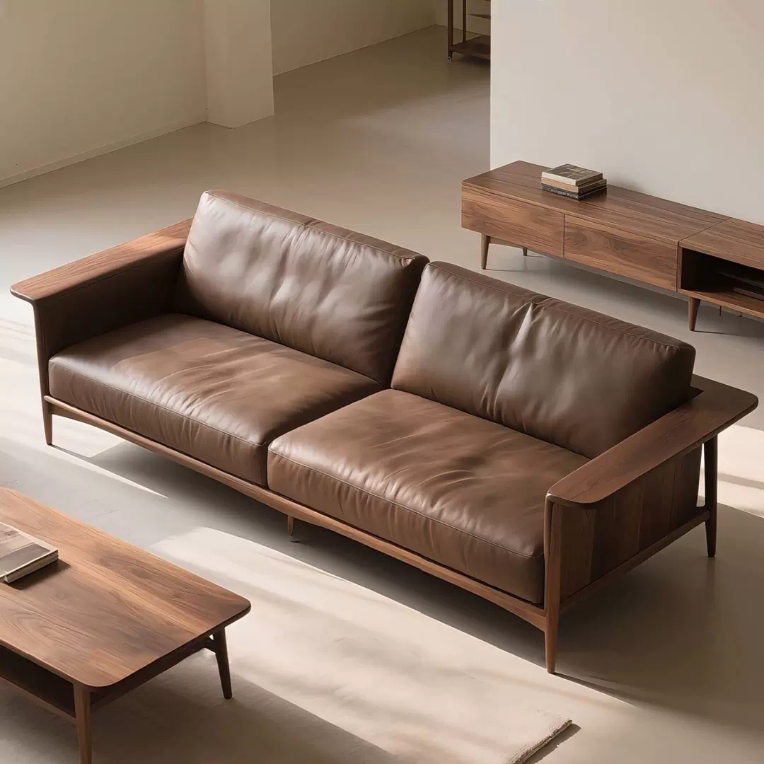 2025新款北美黑胡桃木真皮沙发客厅民宿现代简约实木直排沙发