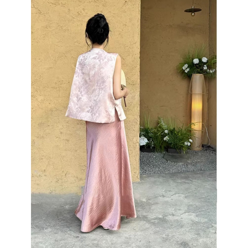2025年夏服、ユニークで美しい新しい中国風ピンクジャカードベストとスカートの2点セット|undefined