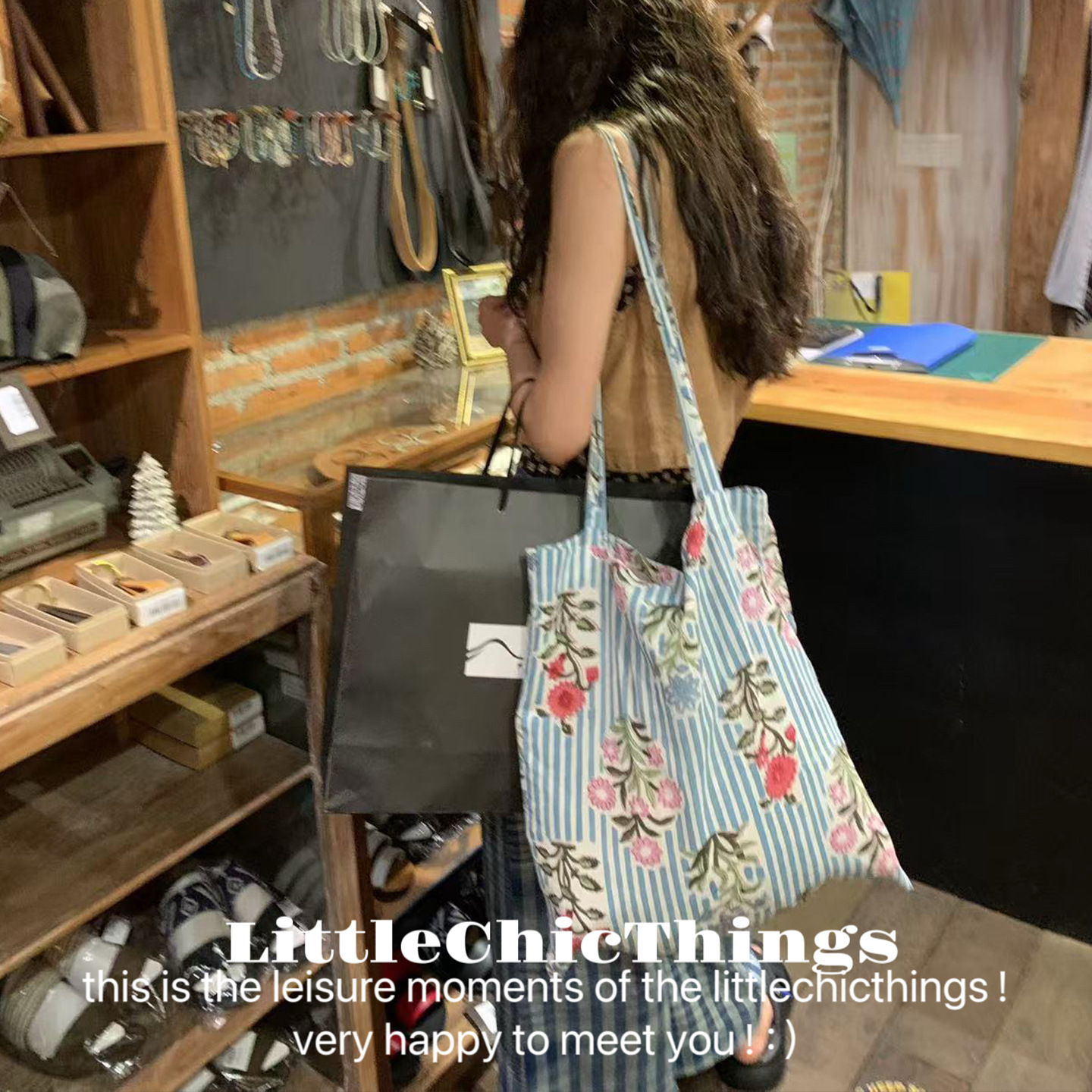 原创LittleChicThings印度拓印棉风条纹花细肩带百搭单肩斜跨包女