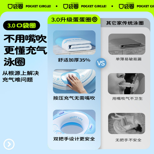 Inflatable children's swimming ring with double handles, adult double-layer PVC thickened outdoor swimming life ring, portable pocket ring