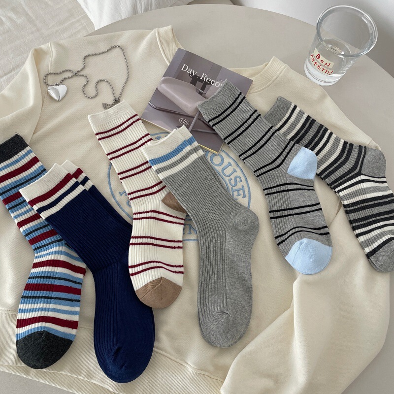 Grey Socks Women's Mid-length Socks Ins Double Needle Anti-Pilling Cotton Sweat Absorbing Spring and Autumn Japanese Striped Stacked Socks