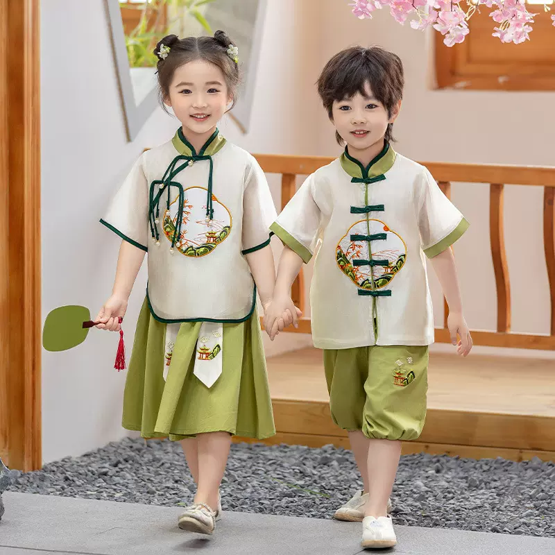 汉服儿童男女同款2025新款女童国风套装男生日常唐装短袖演出服潮