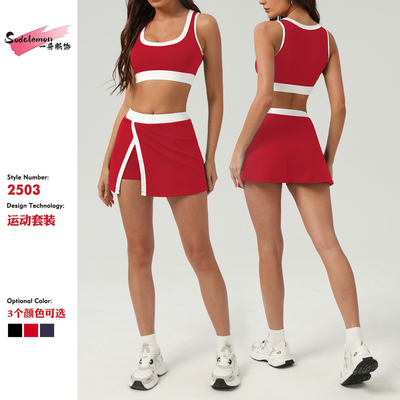 European and American high-end color contrast sports bra tennis skirt suit women's cross-border quick-drying anti-running pants skirt sports suit
