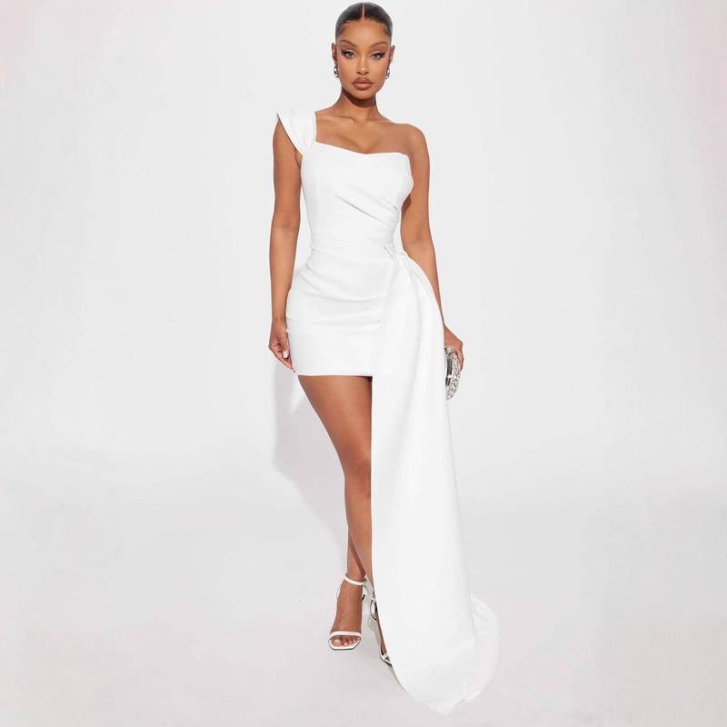 Cross-Border European and American 2025 New Foreign Trade Solid Color Long-Sleeve Bodycon Dress Fashion Single-Shoulder Elegant Long Tail Women's Dress