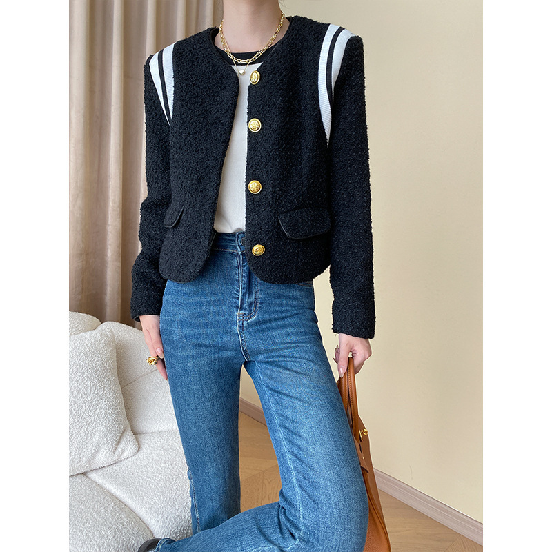 Sinan French Contrasting Color Right Shoulder Streamline Design Gold Buckle Small Fragrant Style Tweed Baseball Jacket Sn4359