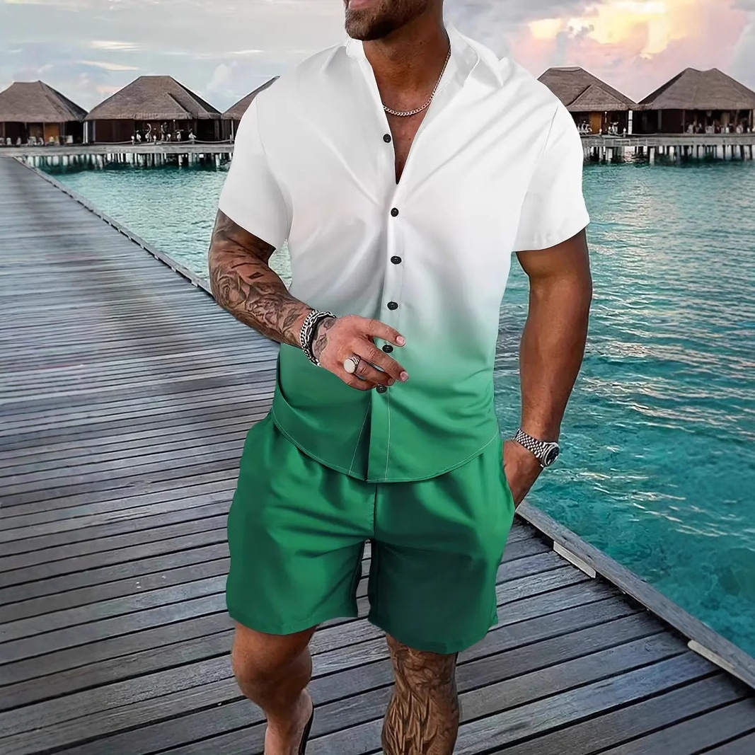 2024 nuevos productos europeos transfronterizos de Amazon, camisa de manga corta con costuras de gradiente estadounidense, traje de pantalones cortos MB1 MA1