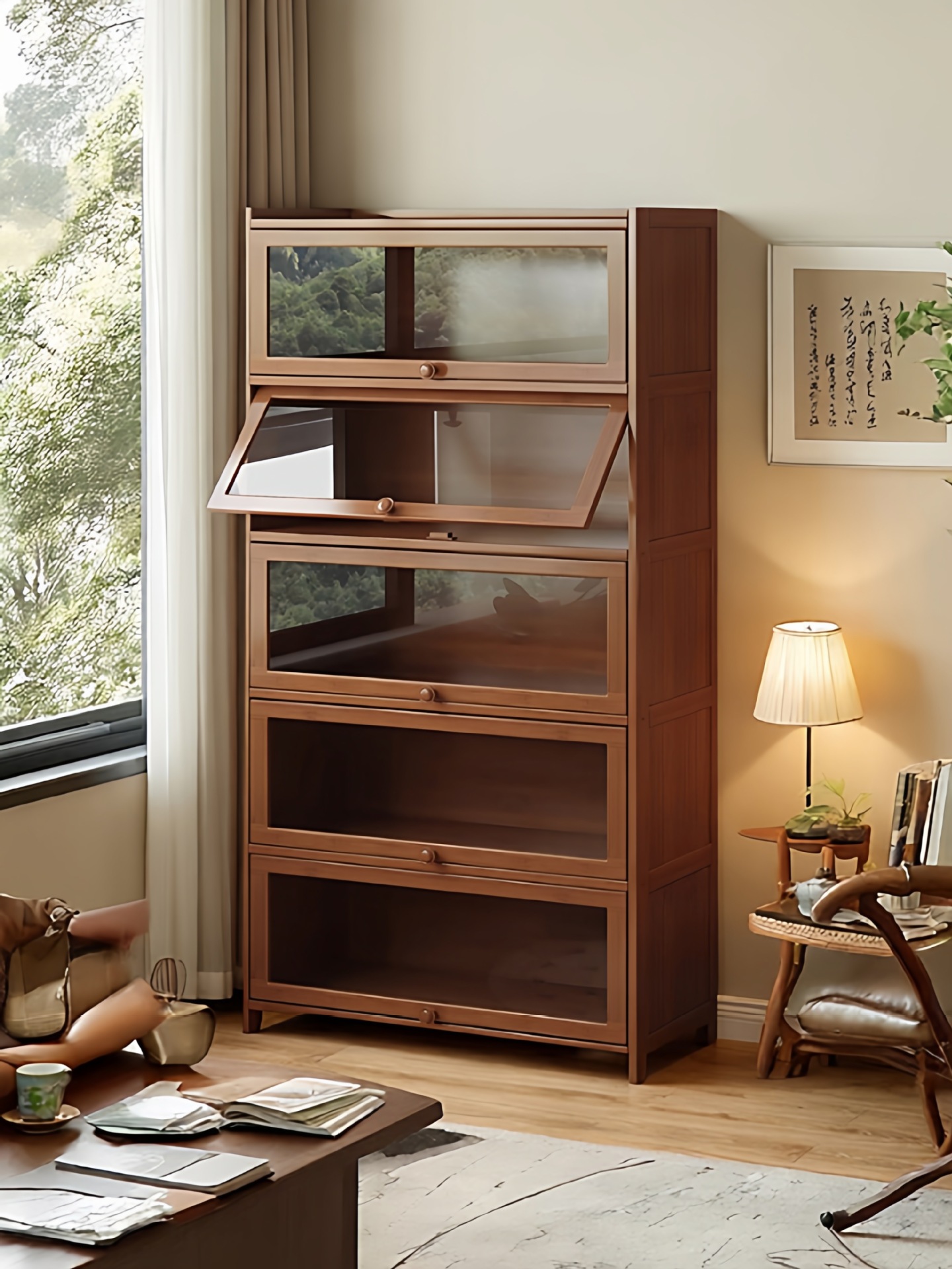 Bookcase with Glass Cabinet Door Against the Wall, Integrated Multi-Functional Large-Capacity Storage Cabinet, Floor-Standing Dust-Proof Home Storage Bookshelf