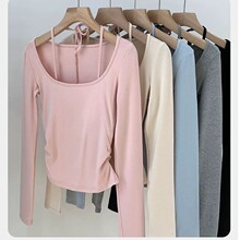 美式假两件挂脖打底衫T恤女2025秋设计感带胸垫磨毛保暖长袖上衣