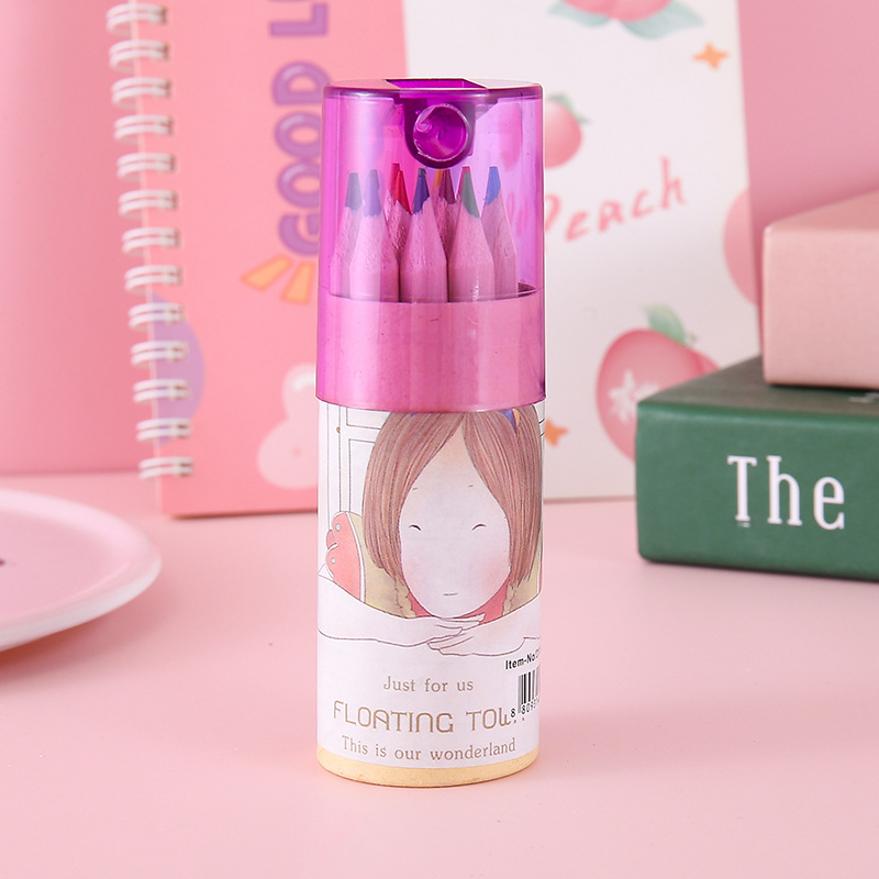 Coreana encantadora flotante 12 lápiz de color dibujos animados barril de dibujo de estudiantes de arte lápiz con cuchillo de lápiz