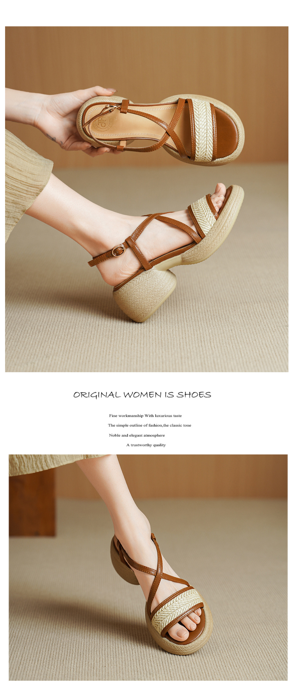 Sandal cao gót nữ mũi hở quai chéo khóa ngang gót dày — Màu nâu nhạt chi tiết 6
