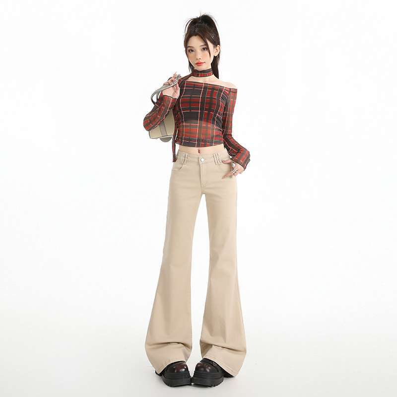 In-Stock Old Money Style Flared Jeans for Women, Autumn Low-Mid Waist Elastic Slimming Long Pants, Dropshipping