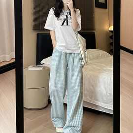 蓝色格子阔腿裤女春夏薄款高腰直筒居家遛弯裤宽松休闲慵懒山本裤