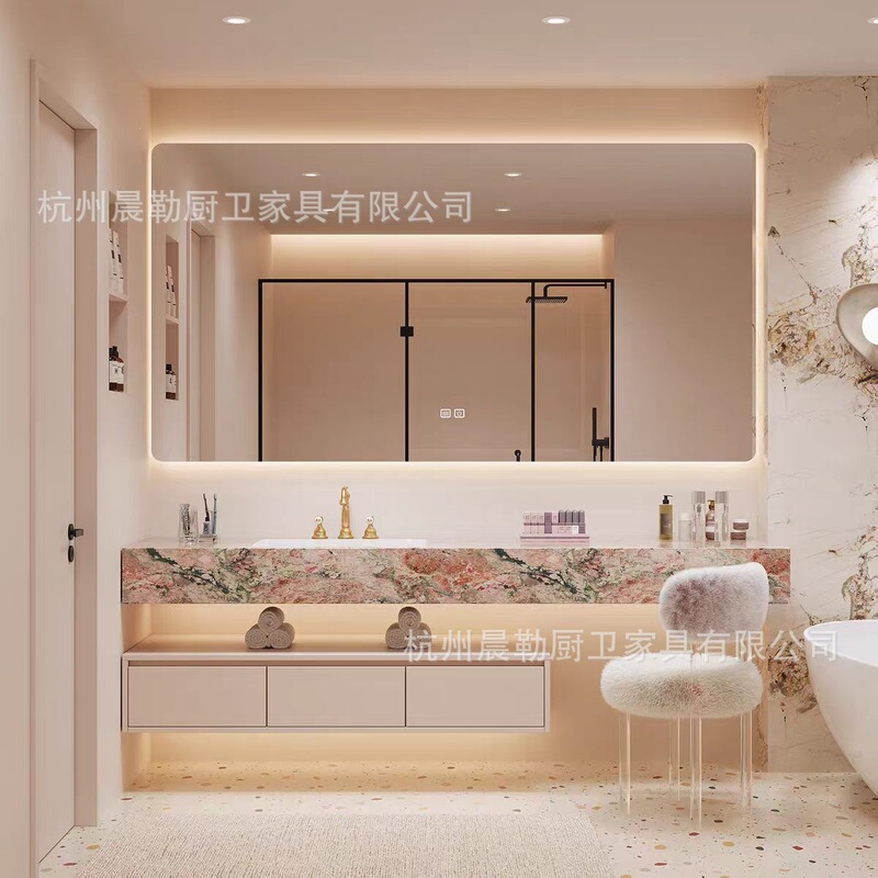 Wet and dry separation bathroom vanity with rock slab sink, washbasin cabinet combination, and integrated smart mirror with dressing table Wet and dry separation bathroom vanity with rock slab sink, washbasin cabinet combination, and integrated smart mirror with dressing table