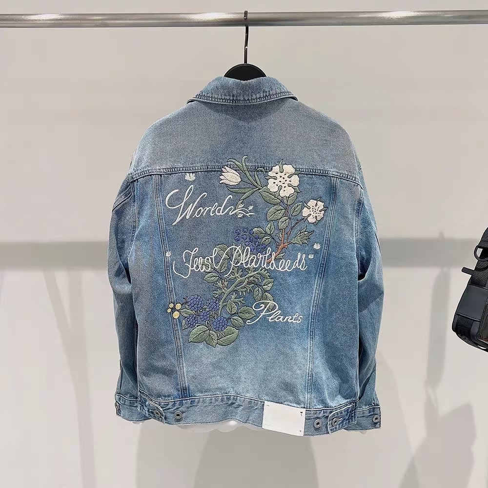 Spring and Autumn 2023 Men's White Jingting Flower Embroidery Washed Denim Coat Jacket All-match Trendy Brand Top Men's Trendy