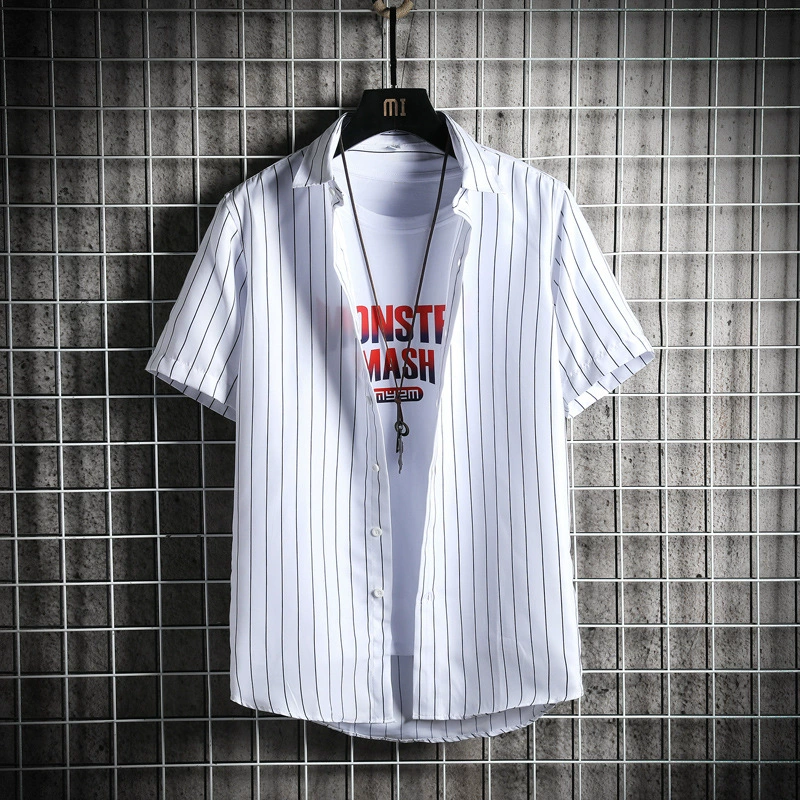 Новая тонкая полосатая рубашка с короткими рукавами, мужская облегающая мужская повседневная мужская рубашка, топы, летняя новая мода, половина