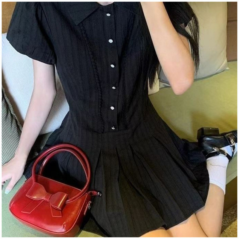 学院风翻领白色连衣裙女a字裙夏季甜美显瘦裙|undefined