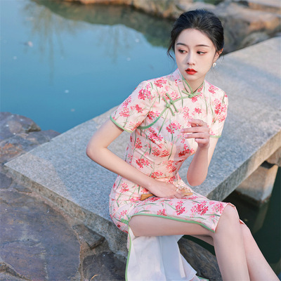 Retro Chinese Dress oriental Qipao Cheongsam for women double printing wrinkle damask qipao dress cheongsam young fresh literary cultivate morality
