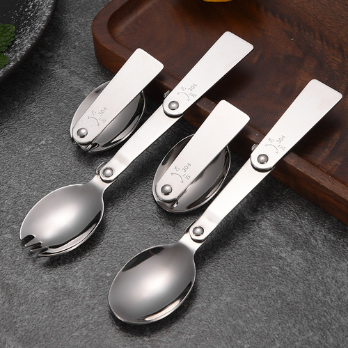 304 stainless steel foldable spoon, travel convenient spoon and fork integrated three-fold spoon, two-piece tableware set