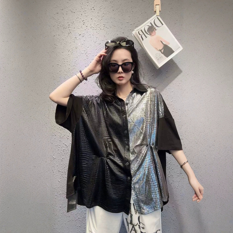 European Fashion Shirts for Women 2026 Summer New Style Black and Silver Spliced Crocodile Pattern Large Size Loose Pleated Short-Sleeved Tops European Fashion Shirts for Women 2026 Summer New Style Black and Silver Spliced Crocodile Pattern Large Size Loose Pleated Short-Sleeved Tops