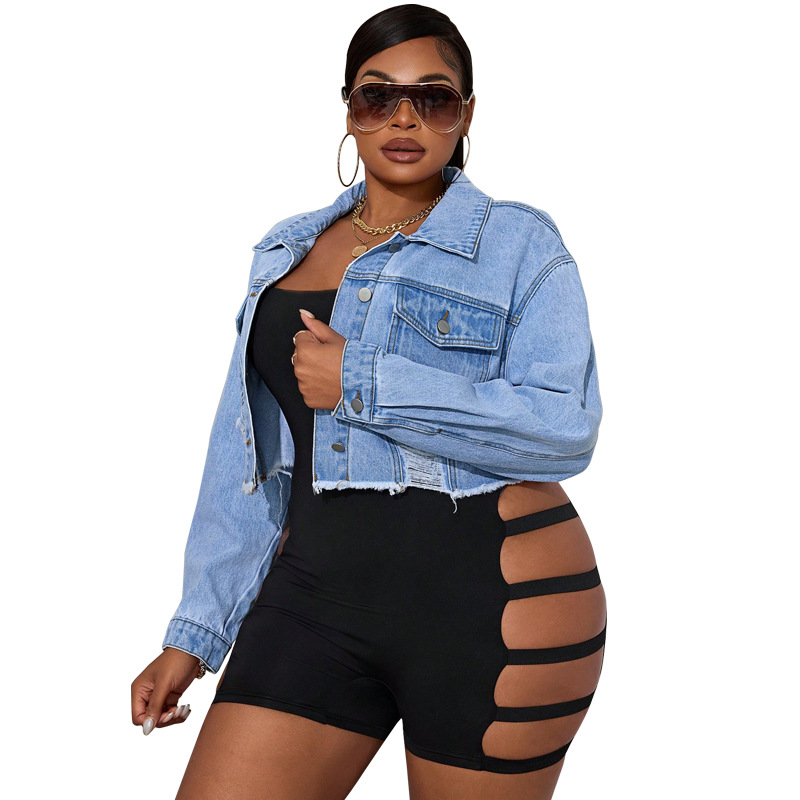 Plus Size Distressed Denim Jacket, Light Wash Rip Long Sleeve Coat For Women, Oversized Chic Shacket For Casual Office Wear_ecoleips.com