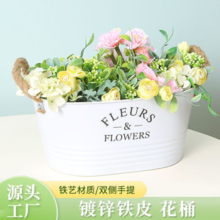 American-style Oval Tin Flower Pot Simple White Hemp Rope Handle Fleshy Flower Pot Desktop Decorative Storage Potted Flower Bucket