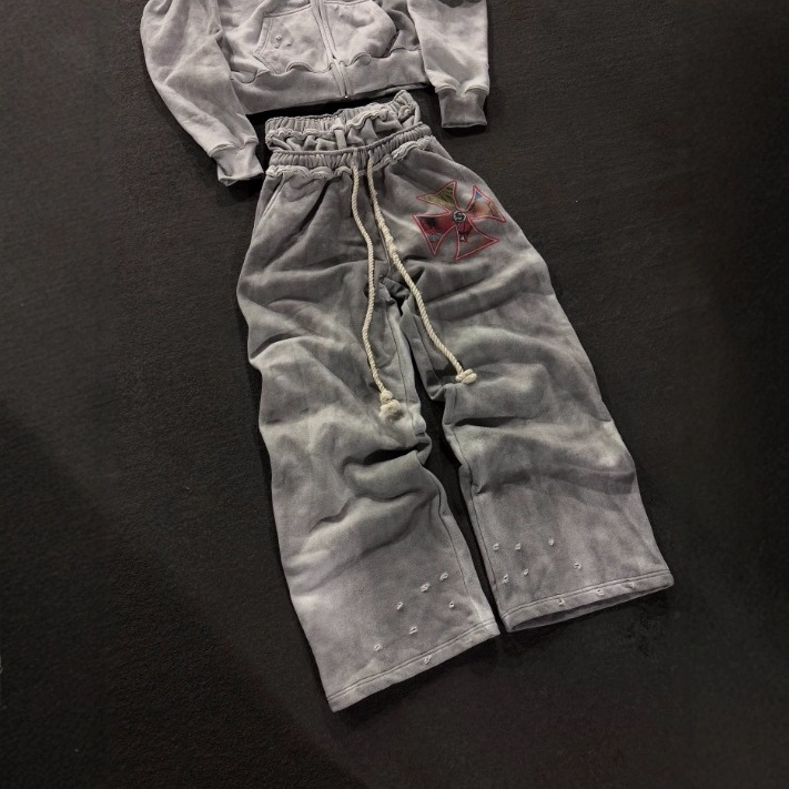 Cross-border retro americano impresión casual con cremallera encapuchado chaqueta otoño y invierno alta calle doble cintura falsa de dos pantalones set